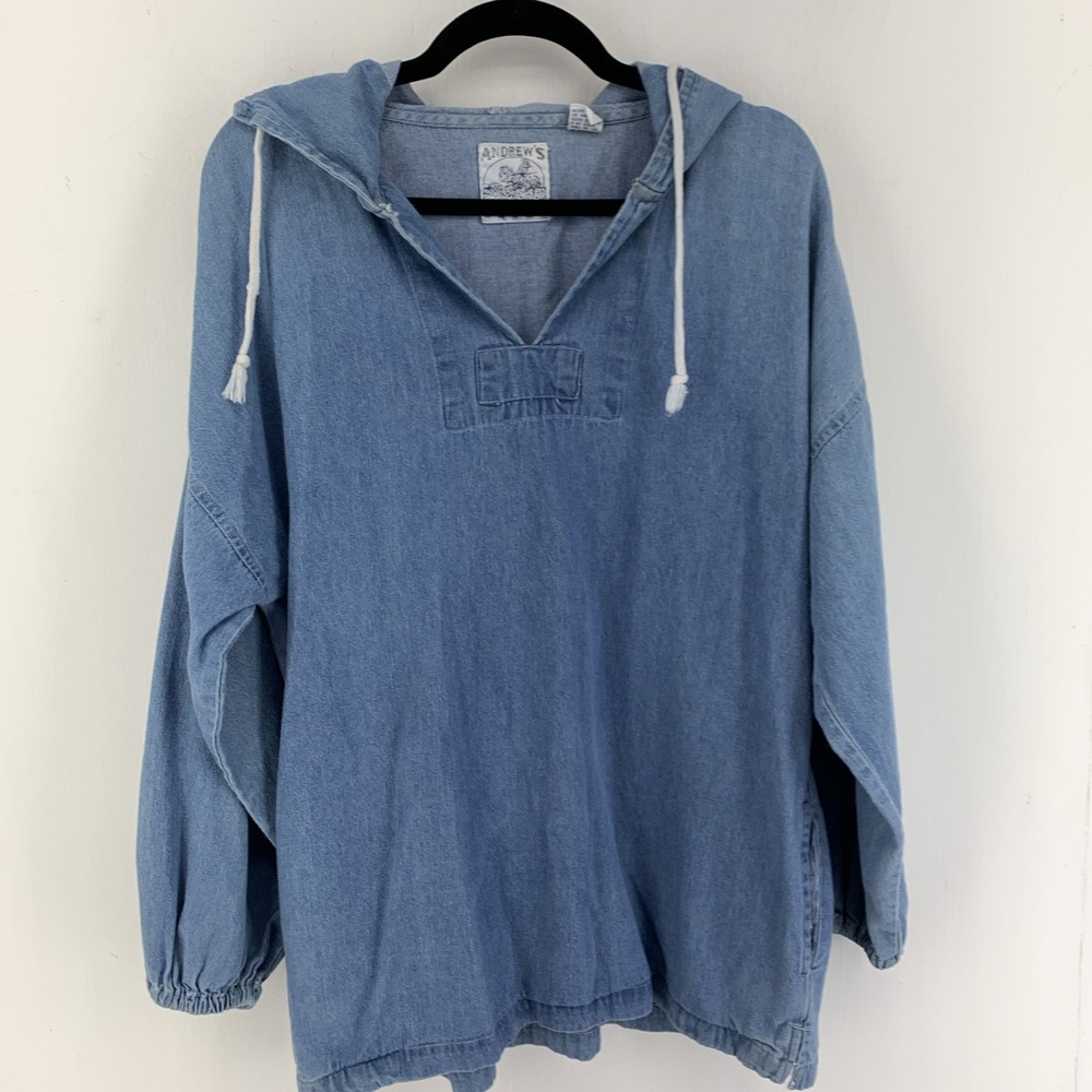 Vintage Andrews Blues Womens Small Denim Jean Hoodie Boho Hippie Pockets Grunge
